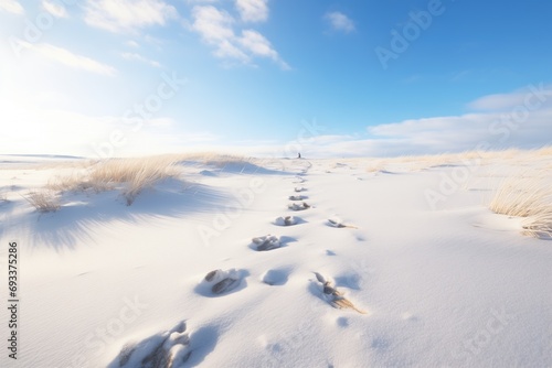 snowy owl footprint trail leading through fresh snow