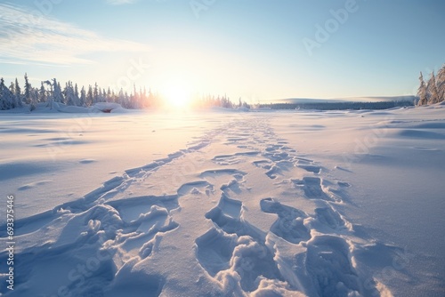 A snow covered field with visible tracks. Suitable for winter landscapes and outdoor activities