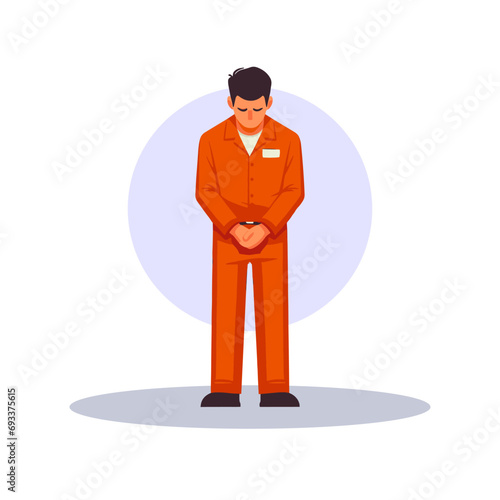 A guilty and depressed convicted man in orange prison uniform flat design vector illustration.
