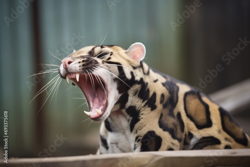 captive sunda clouded leopard yawning, showing teeth photo