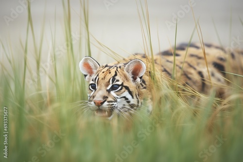 sunda clouded leopard in mid-pounce in a grassy field photo