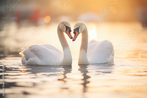 swans during golden hour, their neck heart reflecting gold
