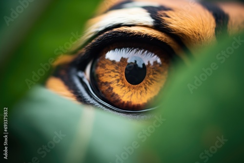 close-up of tiger eyes peering from behind leaves photo