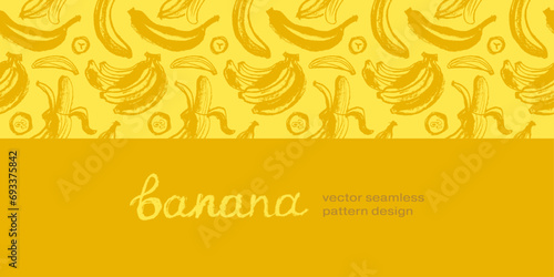 Color banana pattern seamless for banner template. Banana wallpaper. Tropical ornament with crayon texture. Vector bananas background.