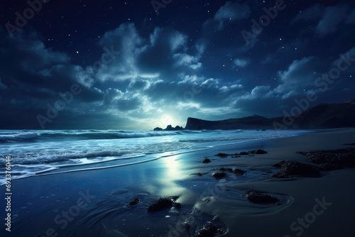 Starlit ocean waves crashing on a sandy beach © furyon