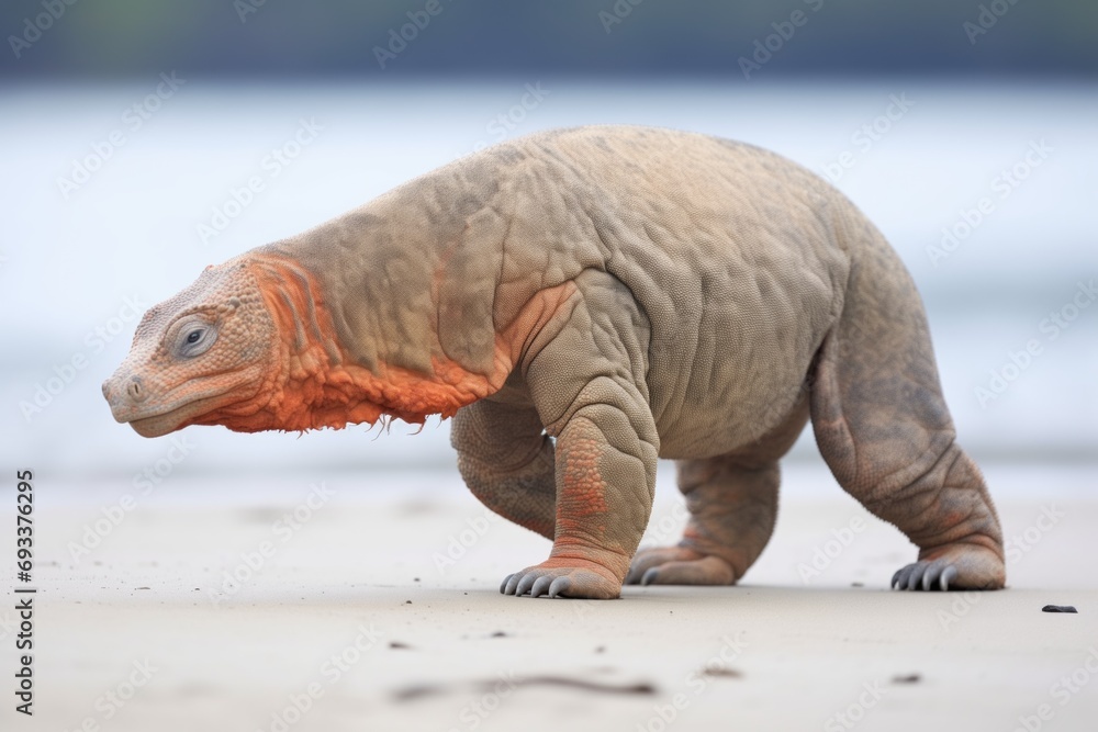 Obraz premium side view of komodo dragon strolling on beach sand