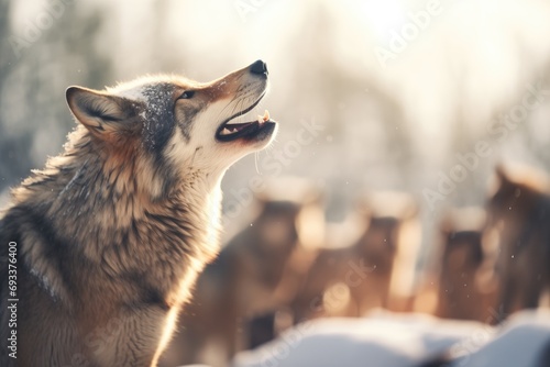 howling wolf pack with dominant male in focus photo