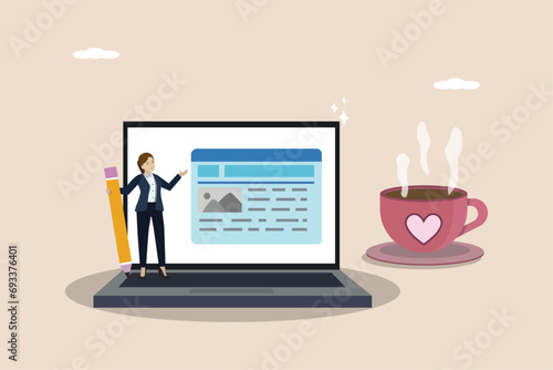 Content writer, blogger or bullet journal, copywriter for advertising, freelance journalist concept, creative woman holding pencil with content on website.