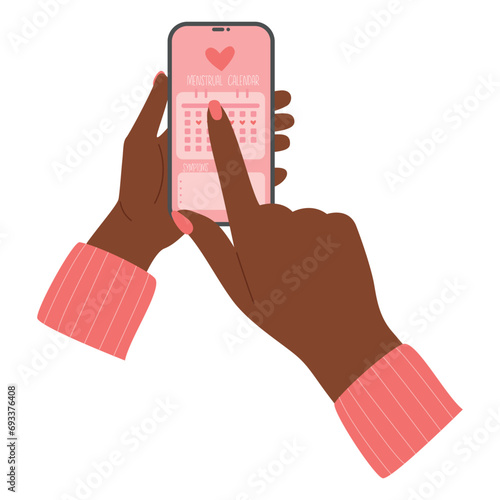 African american black female hand holds phone with a menstruation calendar tracker. Women's health care app