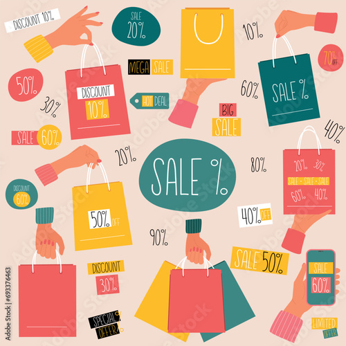 Set with Female hands hold shopping bag for sale with various percents offers. Discound labels. Vector.