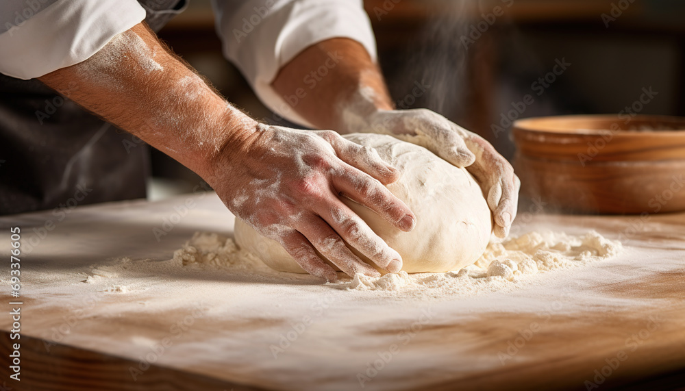 Closeup with baker's hands kneading and preparing dough for bakery products