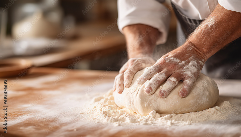 Closeup with baker's hands kneading and preparing dough for bakery products