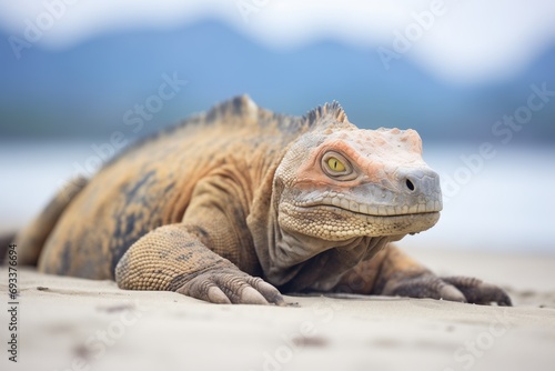 komodo dragon basking in sunlight on sandy beach