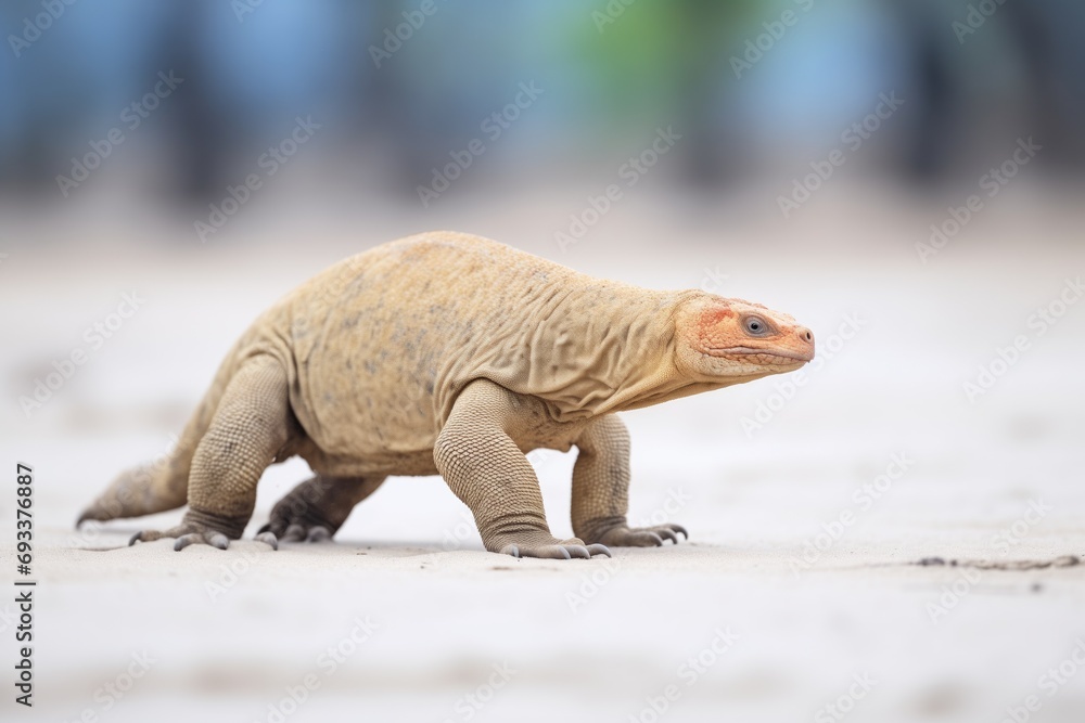 side view of komodo dragon moving on sandy desert side view of komodo dragon moving on sandy desert