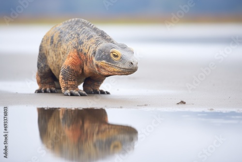 reflection of komodo dragon on wet sand near water