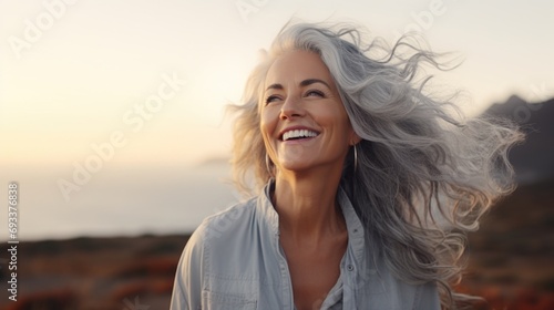 A woman with grey hair smiling at the camera. Can be used for lifestyle, aging, beauty, or happiness concepts photo