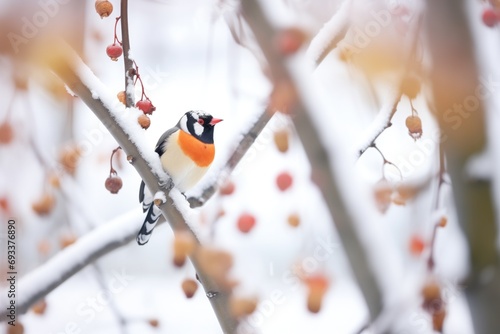 woodpecker frozen in a peck on a snowy tree photo