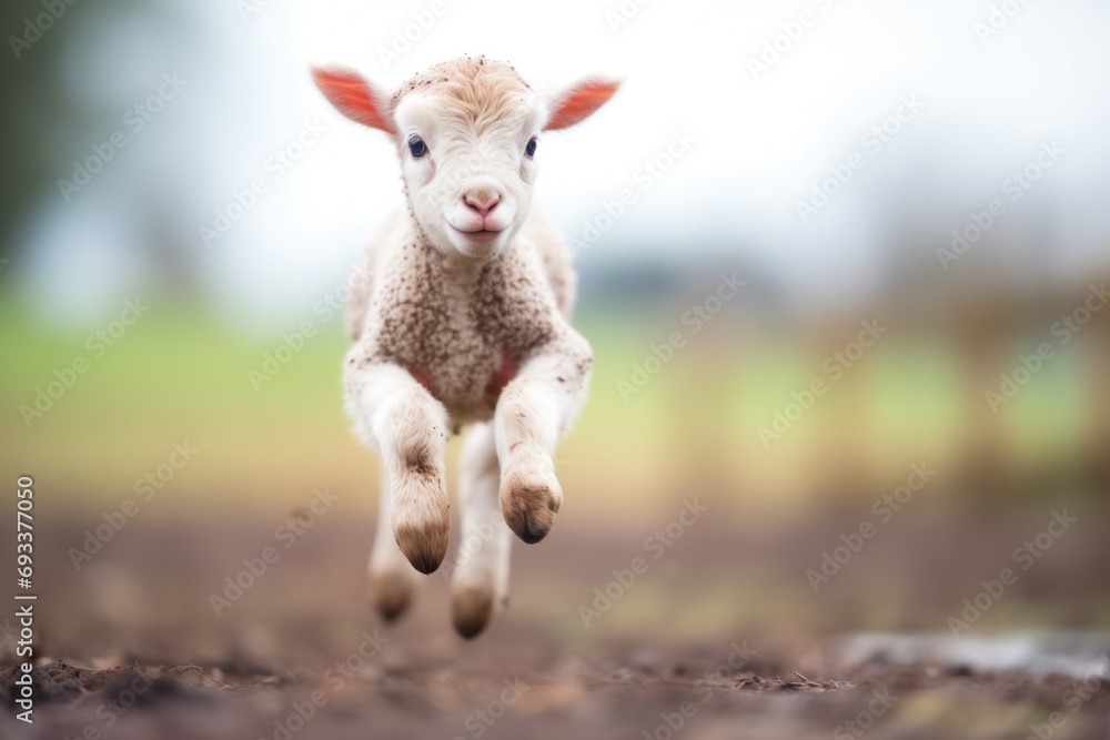 a playful lamb hopping towards the camera