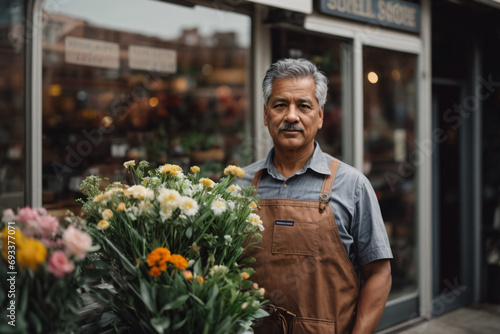 a middle-aged american small flower shop owner standing and looking to camera copy space
