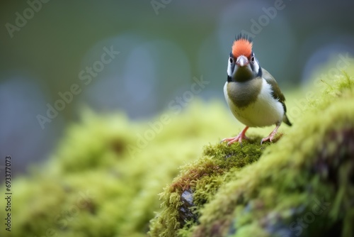 focused woodpecker on a mossy trunk
