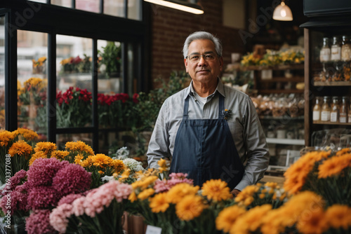 a middle-aged american small flower shop owner standing and looking to camera copy space photo