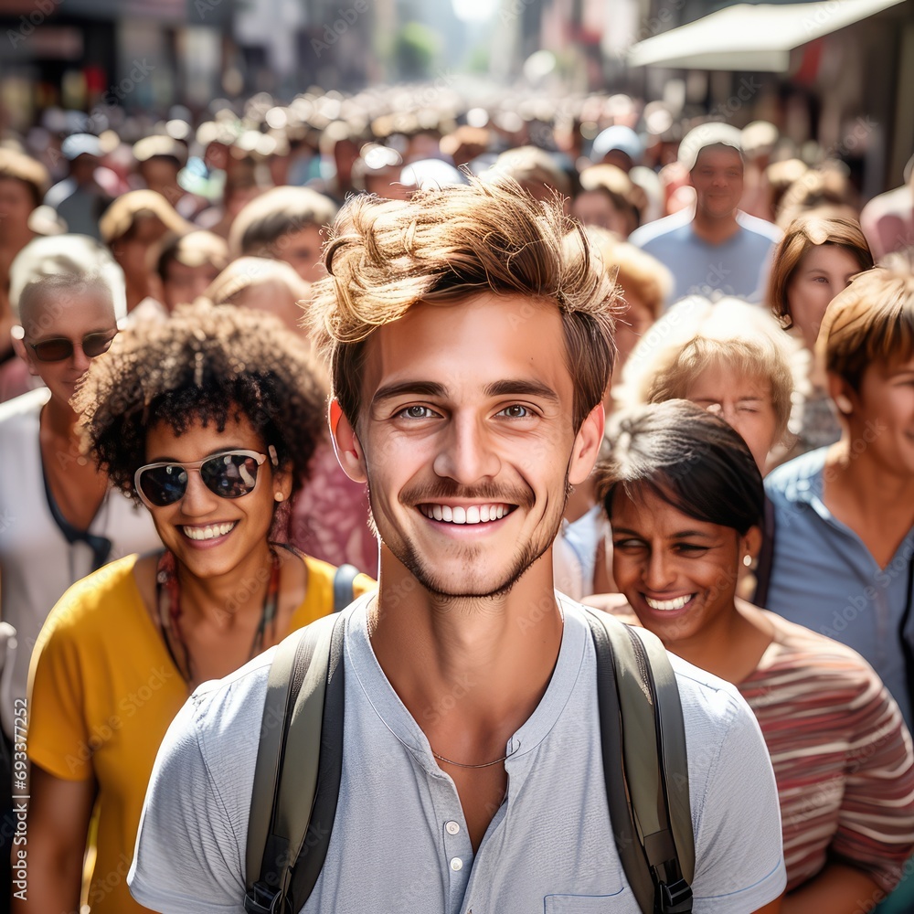 Smiling guy on the street in the city. Happy guy on vacation in the city. Student on summer vacation Smiling guy on the street in the city. Happy guy on vacation in the city. Student on summer vacation