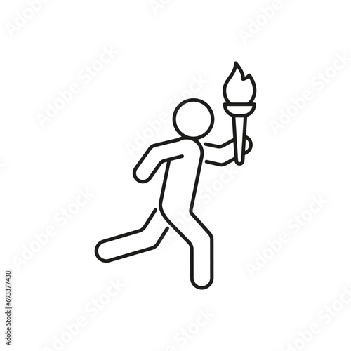 Olympic torch with fire in hands of runner, line icon. Burning Olympic torch symbol of sport games. Competition of athletes in sport for winning champion. Flame of victory. Vector outline