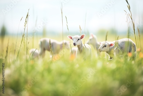 a flock of lambs grazing on spring grass