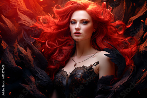 Dark Phoenix Woman With Red Hair Among Raven Birds, Beautiful Ginger Hair Witch, Abstract Mystic Dark Background, Queen OF Hell, Wife Of Lucifer, Lilith or Lilit Archetype photo