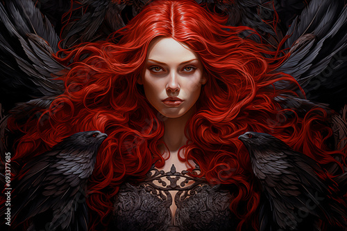 Woman With Red Hair Among Raven Birds, Beautiful Ginger Hair Witch, Abstract Mystic Dark Background, Queen OF Hell, Wife Of Lucifer, Lilith or Lilit Archetype photo