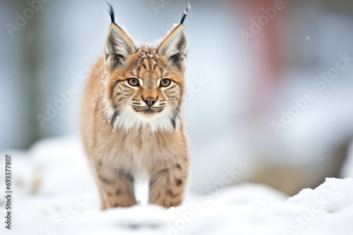 frontal view of lynx standing alert in snow