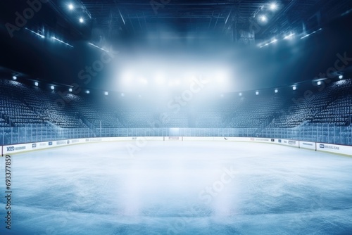 An empty ice hockey rink in a stadium. Suitable for sports-related designs and concepts