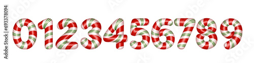 Set of Candy cane numbers, isolated on white background.	
