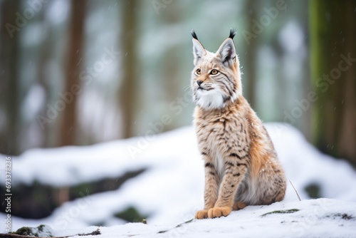 lynx sitting in snow with forest backdrop