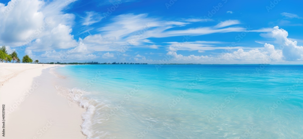 Summer Sandy beach with white sand and rolling calm wave of turquoise ocean on white clouds in blue sky. Island, landscape Summer Sandy beach with white sand and rolling calm wave of turquoise ocean on white clouds in blue sky. Island, landscape