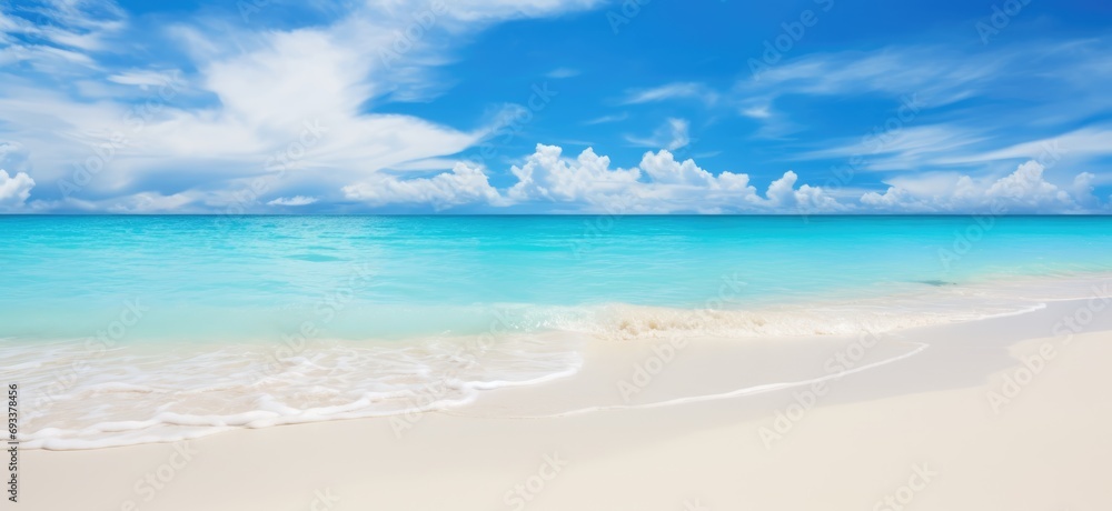 Summer Sandy beach with white sand and rolling calm wave of turquoise ocean on white clouds in blue sky. Island, landscape Summer Sandy beach with white sand and rolling calm wave of turquoise ocean on white clouds in blue sky. Island, landscape