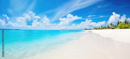 Summer Sandy beach with white sand and rolling calm wave of turquoise ocean on white clouds in blue sky. Island, landscape