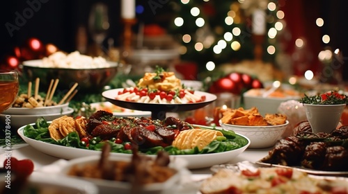 A table filled with plates of food and a Christmas tree in the background. Perfect for holiday celebrations and festive gatherings