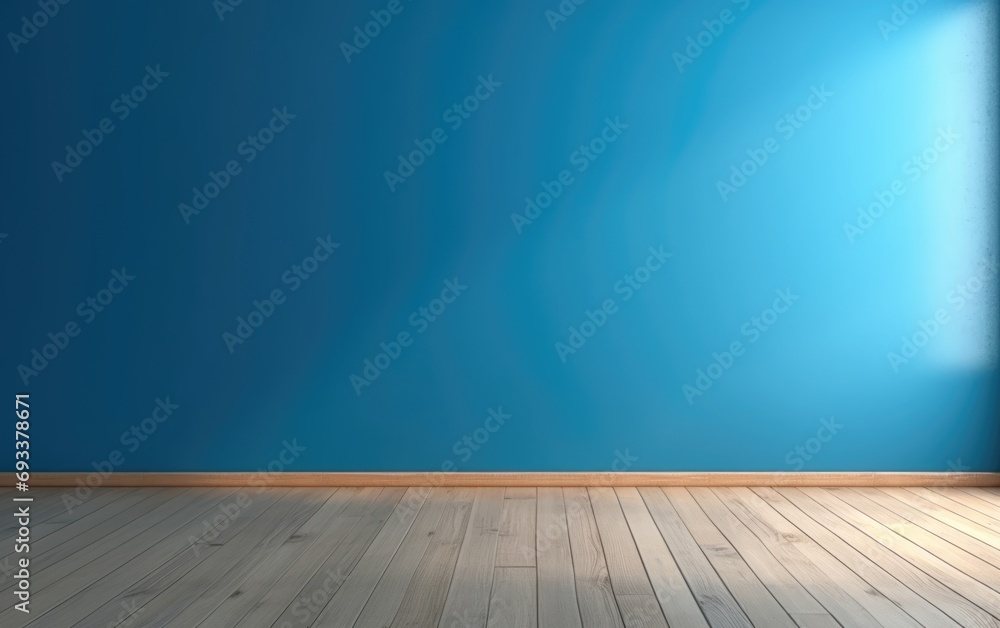 Product Presentation Background blue empty wall and wooden floor with interesting light glare Interior Product Presentation Background blue empty wall and wooden floor with interesting light glare Interior