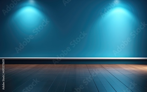 Product Presentation Background blue empty wall and wooden floor with interesting light glare Interior © Eyepain