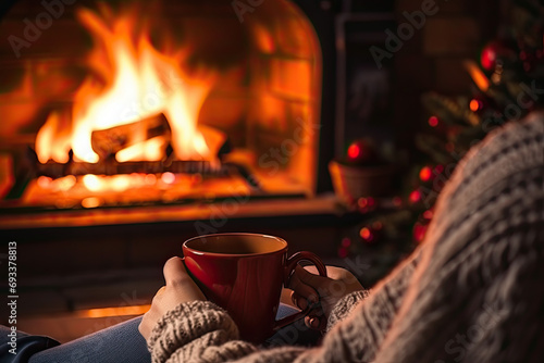 mug of hot chocolate or coffee by the Christmas fireplace. Woman relaxes by warm fire with a cup of hot drink. Winter, Christmas holidays.