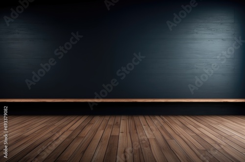 Black wall empty with beautiful chiaroscuro and wooden floor. Minimalist for product presentation mock up. © Eyepain