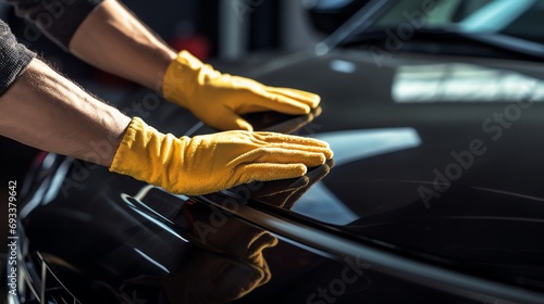 a person wearing yellow gloves cleaning a car