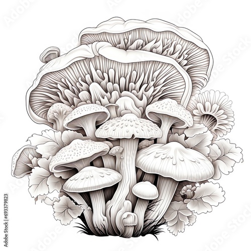 a group of mushrooms with leaves