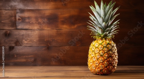 Organic pineapple on wooden table.