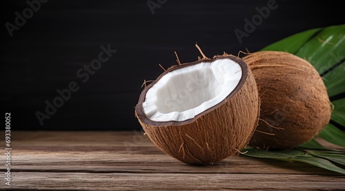 Organic coconut on wooden table.