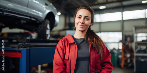 Portrait of proud car mechanic woman smiling and looking at camera