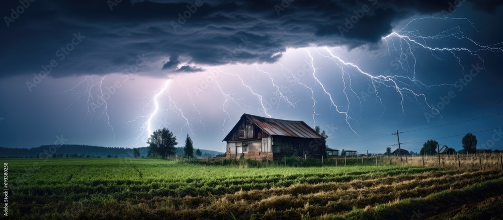 Fototapeta premium Powerful lightning strikes nearby in rural Transylvania, Romania.