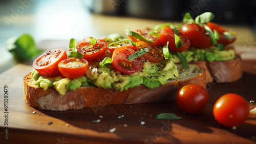 A trendy special angle commercial shot of a beautifully garnished Avocado Toast