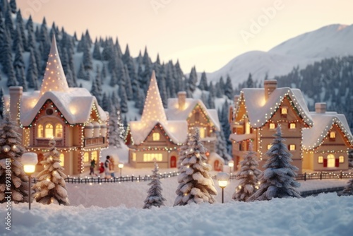 A picturesque Christmas village covered in a blanket of snow. Perfect for holiday-themed designs and winter landscapes